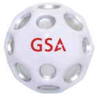 White perforated plastic ball with silver circular cutouts, featuring the red letters GSA with a star incorporated into the A on the surface.