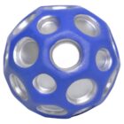 A blue and silver dodecahedron-shaped ball with circular cutouts on each face, creating a hollow, interconnected structure. The design features alternating blue and silver areas around the cutouts.