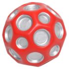 A red and silver dodecahedron-shaped ball with circular indents on each face.