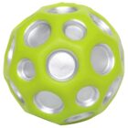 A spherical, lime-green toy ball with multiple circular silver indentations evenly distributed across its surface.