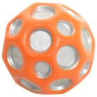 An orange spherical object with circular cutouts revealing a shiny, metallic interior.