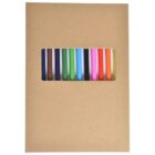 A set of colorful pen caps visible through a rectangular cutout in a brown cardboard cover, arranged in a neat vertical row, displaying various colors including blue, green, pink, and orange.