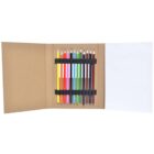 Open brown craft folder with ten colored pencils secured by black elastic bands on the left side. The right side has a blank white sheet of paper. Pencils are in various colors, including yellow, red, blue, and green.