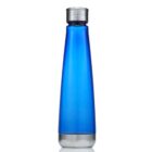 A sleek, blue, stainless steel water bottle with a silver cap stands upright against a plain white background. Its glossy surface reflects light, emphasizing the smooth contours and modern design.