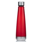 A tall, sleek red bottle with a metallic silver cap and base, standing upright against a plain white background. The bottle has a glossy finish.