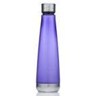 A sleek, cylindrical, blue water bottle with a metallic silver cap and base, standing upright against a plain white background.