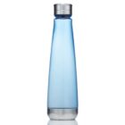 A tall, sleek, blue water bottle with a shiny silver cap and base, standing upright against a white background.