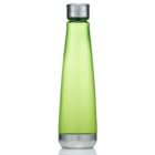 A green, cylindrical water bottle with a silver cap and base, standing upright against a white background. The bottle has a smooth, glossy finish and a sleek, modern design.