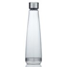 A clear, conical water bottle with a metallic screw cap stands upright. The bottle has a sleek and modern design, flaring slightly outwards toward the base. The transparent body reveals no contents inside.