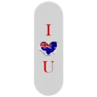 White skateboard deck with red text I above a heart and U below it. The heart shape reveals the Australian flag. The design suggests I love you with an Australian theme.