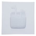 A faint outline of wireless earbuds and their charging case is visible on a white background.