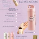 Grano Wheat Straw 420mL Water Bottle advertisement showcasing features like eco-friendliness, secure twist lid, leak-proof design, and durable carry handle. Available in mint, oatmeal, and dusty pink with customization options.