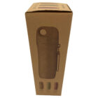 A cardboard box showing an illustration of a travel mug with a handle and carabiner. The box shows options in three colors: green, brown, and black.
