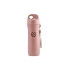 A pink reusable water bottle with a loop handle and strap. It features an illustration of a cup with laurel branches. The bottle has a sleek, minimalist design.