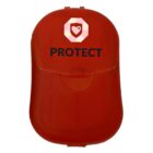 A red protective container with a logo of a heart inside a geometric shape and the word PROTECT below it.