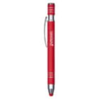 A red metallic pen with a silver clip and silver accents on the cap and tip. The pen has a sleek design with the word tornado printed in white on its body.