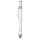 A white stylus pen with metallic accents and a pocket clip. The pen is upright against a plain white background.