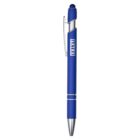 Blue ballpoint pen with a stylus tip, featuring a silver clip and accents. The barrel displays a white logo.