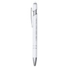 A sleek white pen with a metallic tip and clip. It is designed with a shiny silver finish on the clip area and tip. The pen appears modern and professional, suitable for writing or taking notes.