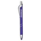 A purple retractable pen with a silver clip and tip. The pen has text printed on the barrel, and features a click mechanism for retracting the pen tip.