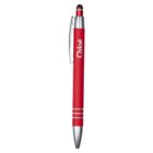 A red pen with silver accents, featuring a clip and the name Chloé printed on the body. The pen has a black stylus tip on the end opposite the writing point.