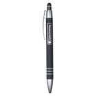 Black and silver stylus pen with a pocket clip. The pen has Curtin University printed on its side in white.