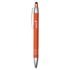 A red ballpoint pen with a silver clip and tip. The pen has a logo and text printed in white on its body. There is a black stylus tip on the other end, and silver rings near the bottom.