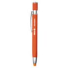 An orange pen with a silver clip and tip, featuring a retractable mechanism.