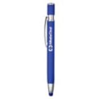 A blue pen with a silver clip and tip. The pen has a logo and text printed in white on its body.