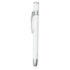 A white pen with a silver tip and clip, standing upright against a plain white background.