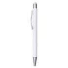 A white ballpoint pen with a metal clip and tip is shown vertically against a plain background.
