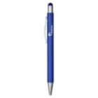A blue pen with a silver clip and tip is shown vertically against a white background.