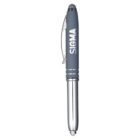 A gray pen with a silver clip and the brand name SIGMA printed on it. The pen has a metallic chrome lower section and a cap with a stylus tip.