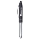A black and silver stylus pen with a clip, featuring the word PARCEL printed on it in white. The pen has a black rubber grip and a metallic lower half, with three silver bands near the middle.