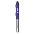 Purple and silver metallic retractable pen with a stylus tip. The pen features a clip and branding text/logo near the top.