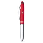 A red and silver pen with a clip and a stylus tip on the cap.