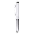 A white and silver pen with a clip and a bulbous tip. It has a sleek design, with the brand name engraved on the white section near the top. The pen tapers slightly towards the silver bottom half.
