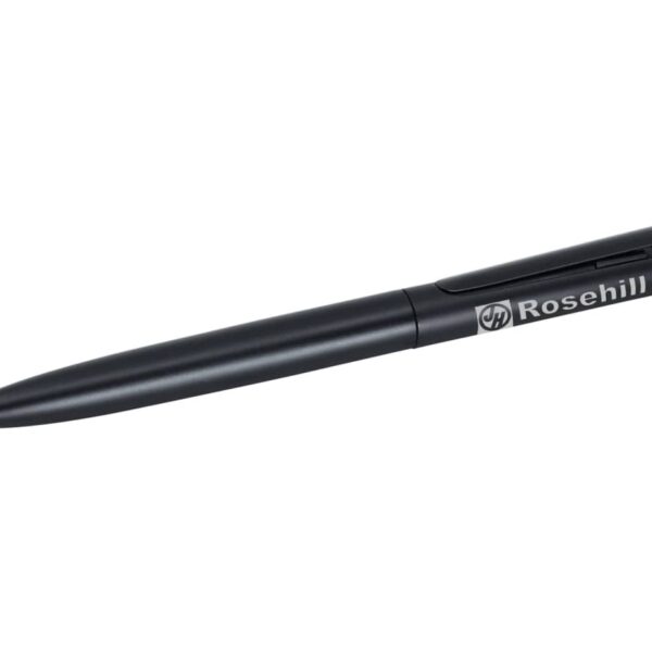 A black ballpoint pen with a clip, featuring the logo Rosehill printed in white on the side. The pen is positioned horizontally against a white background.