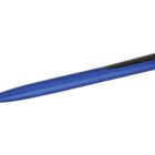 A sleek, blue ballpoint pen with a black clip, positioned diagonally against a white background.