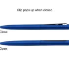 A blue pen with a clip is shown in two positions. At the top, Clip pops up when closed is written. The pen is labeled Close when retracted and Open when extended, revealing the pen tip.