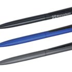 Three ballpoint pens are lined up vertically. The first is black with Rosehill printed on the clip, the second is blue with a black clip, and the third is gray with a black clip.