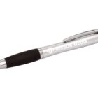 A silver pen with a black grip and stylus tip, featuring the text MISSION MEDIA printed in white on the barrel.