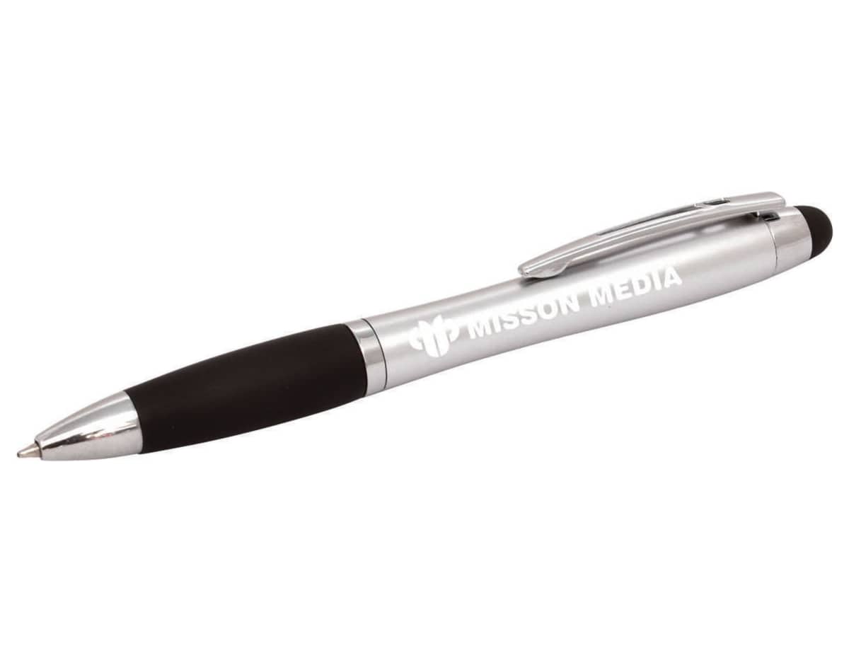 A silver pen with a black grip and stylus tip, featuring the text MISSION MEDIA printed in white on the barrel.