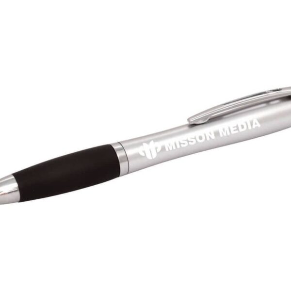 A silver and black pen with a stylus tip. It features the text MISSION MEDIA printed on the side in white. The pen has a black rubber grip and a silver clip.
