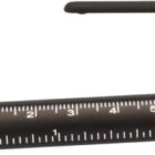 A black multifunctional tool pen with a detachable cap, featuring a ruler on its side and a small screwdriver with multiple heads placed nearby.