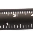 A black ballpoint pen with a built-in ruler along its side, marked in centimeters and inches. The pen cap is clipped on top.