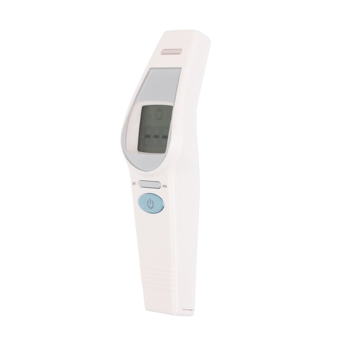 A white digital infrared forehead thermometer with a gray display screen and a blue power button, isolated on a plain white background.