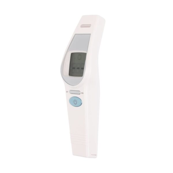 A digital infrared thermometer with a white body, featuring a small display screen and control buttons, including a blue power button, positioned against a plain white background.