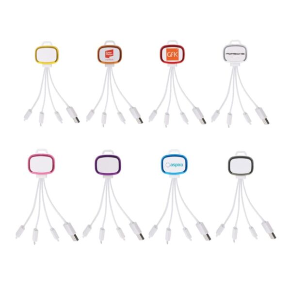 Eight multi-connector charging cables with USB and various charging tips, each with a different colored square top, featuring logos. Colors include yellow, red, orange, white, pink, purple, blue, and light gray.