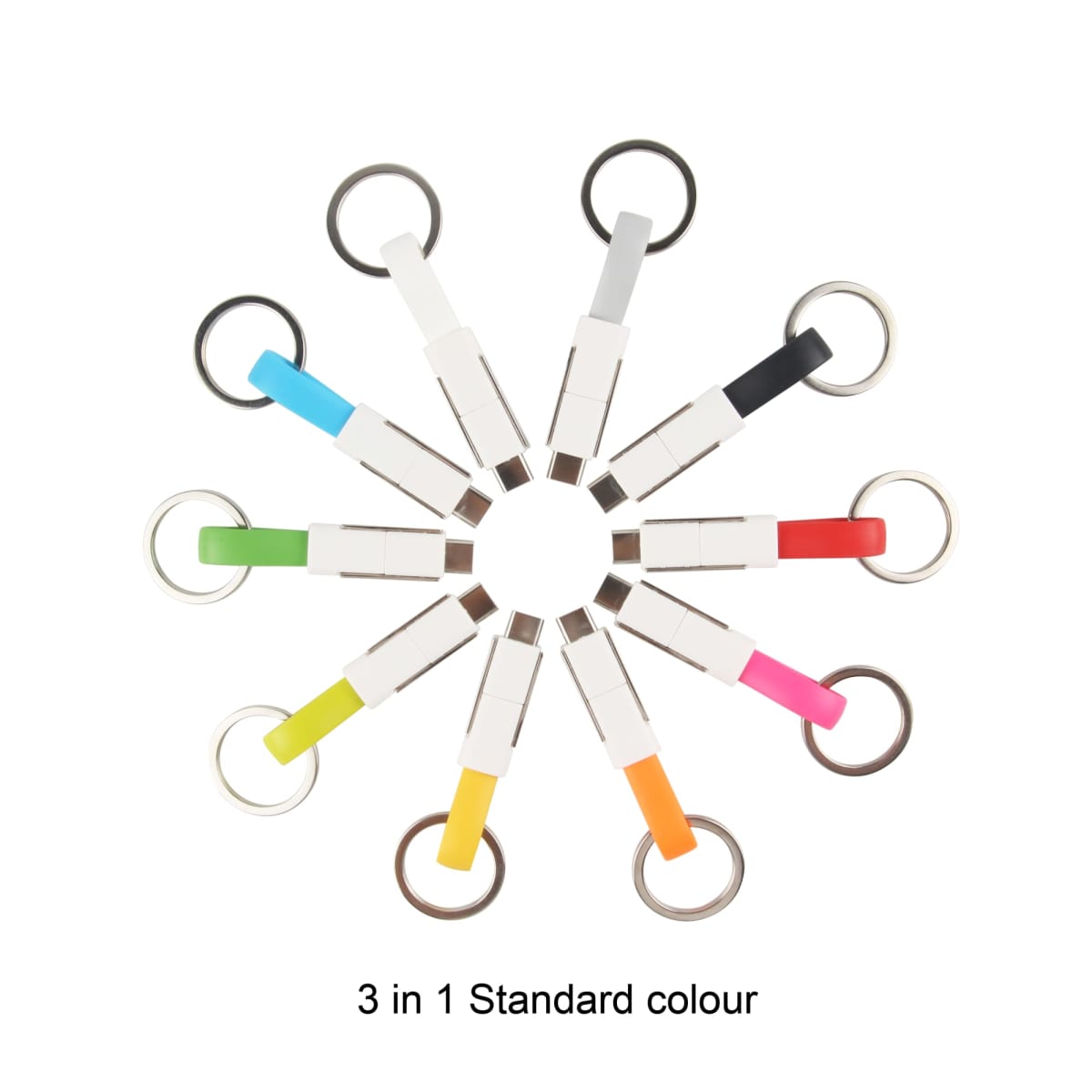 A circular arrangement of colorful keychains, each with a USB connector. The keychains feature various colors: blue, green, yellow, orange, pink, and black. The text below reads 3 in 1 Standard colour.